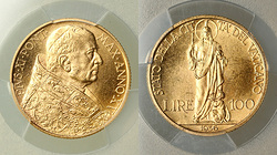 Ватикан. Пий XI. 100 лир 1936 года. В слабе PCGS MS64.