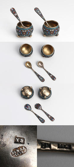 Серебряные солонки с ложечками в полихромных эмалях от фабрика Г. Клингерта
